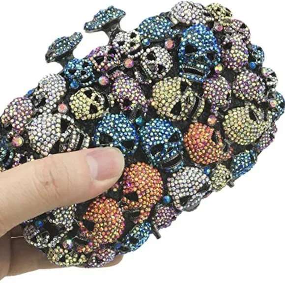 NWT Sparkling Bling Crystal Rhinestone Skull Clutch Purse Silver Gold +F… - Picture 8 of 11